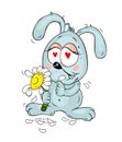Cute cartoon bunny with daisy flower, falled in love.